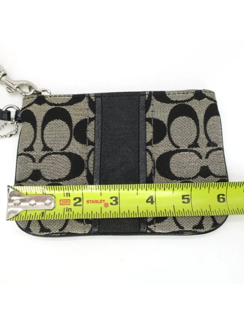 Coach Wristlet Wallet Black Tan Signature Stripe Logo C Canvas Corner Zip